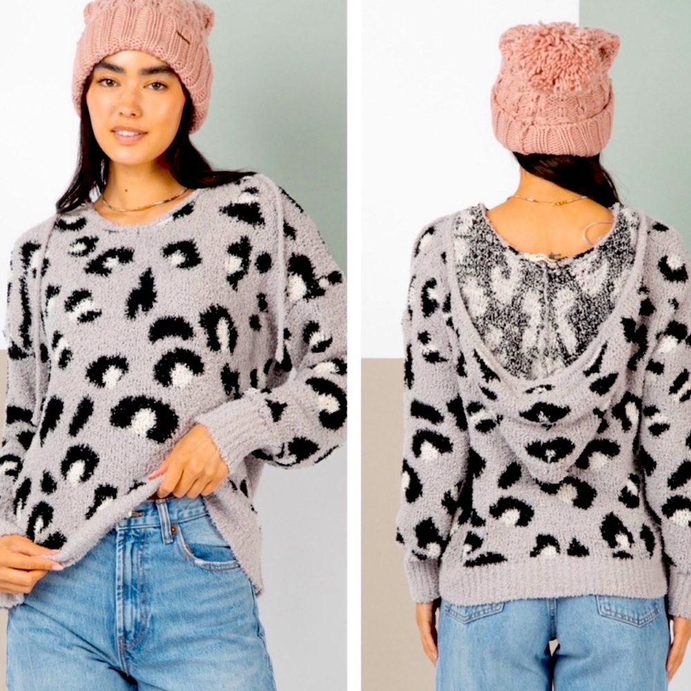 B139🤍Soft+sassy v-neck gray+black animal print sweater w/hoodie-gr8 office/out